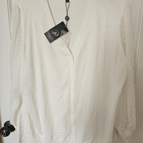 Adrianna Pappell cardigan, white sheer w/ pleated, polka dotted V-neck sleeves. - Picture 1 of 8